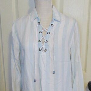 Women's RAILS Blouse or Top Blue & White Stripe With Lace--Up Neck  Size S